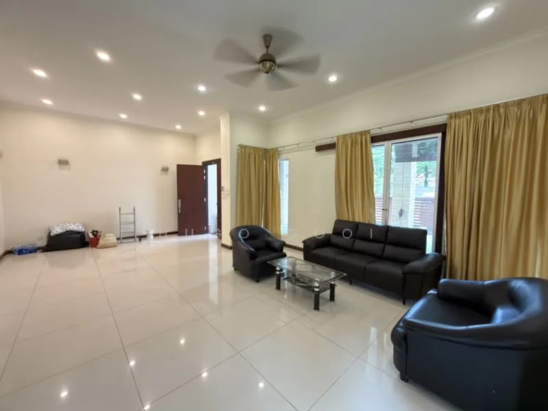 Living features: large floor-to-ceiling windows, sliding glass door, cream painted walls, white ceiling with recessed downlights, 5-blade ceiling fan, black leather 3-seater sofa, black leather armchair, glass coffee table, light-colored tile flooring, curtains, decorative wall sconces, open space layout; style: modern; view: garden.