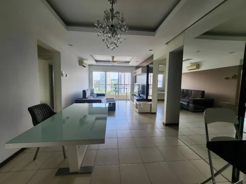 Living features: cream painted walls, white ceiling with recessed downlights, floor-to-ceiling windows, sliding glass door, 3-seater fabric sofa in grey, coffee table, TV console, area rug, 5-blade ceiling fan with light, marble flooring, decorative mirror, wall-mounted TV; style: modern; view: city. Dining features: glass dining table, 4 dining chairs, open layout, marble flooring; style: modern; view: city.