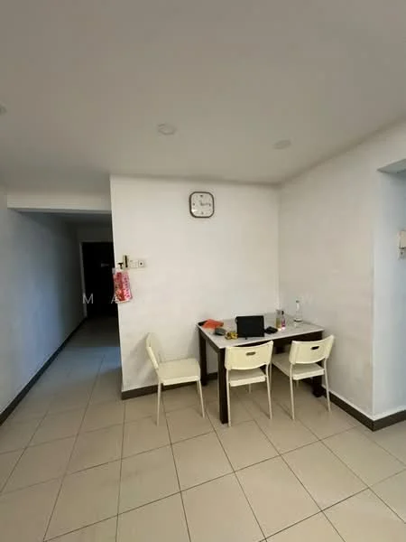 Room features: white painted walls, tile flooring, ceiling lights, clock on wall, table with four chairs, laptop on table, bottle on table, hand towel hanging, open hallway, neutral color scheme; style: modern.