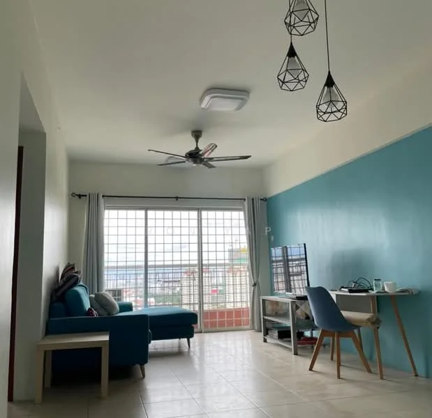 Living features: light blue accent wall, white painted walls, tile flooring, 5-blade ceiling fan, hanging pendant lights, sofa in teal, coffee table, TV console, wall-mounted TV, dining table with chairs, floor-to-ceiling windows, curtains, city view; style: modern; view: city.