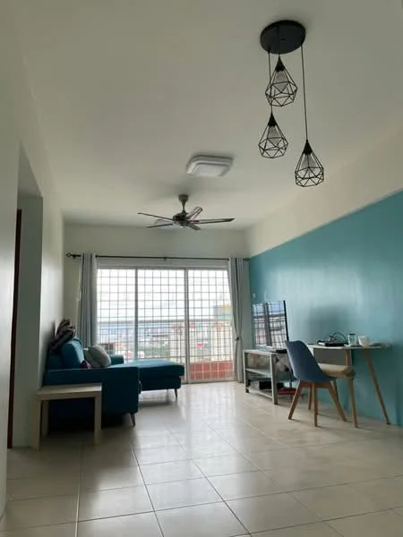 Living features: light blue accent wall, white painted walls, ceiling fan with light, hanging pendant lights, large windows with grid pattern, tile flooring, sofa in teal, wooden coffee table, study desk, chair, curtains, decorative items on desk; style: modern; view: city.