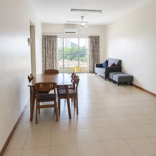 Living features: floor-to-ceiling windows, sliding glass door, curtains, 3-seater fabric sofa in grey, dining table with 4 chairs, ceiling fan, wall-mounted split AC, light-colored tiled flooring, neutral painted walls; style: modern; view: city.