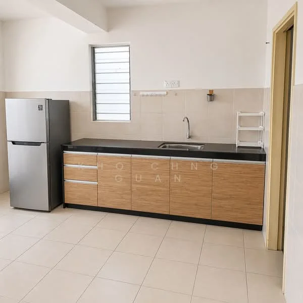 Kitchen features: stainless-steel fridge, black countertop, wood cabinetry, single-bowl stainless-steel sink, chrome pull-down faucet, wall-mounted shelving, tile backsplash, cream tiled flooring, window with horizontal slats; style: modern.