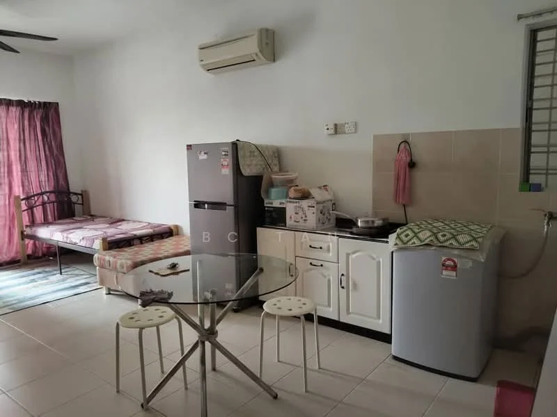 Kitchen features: white cabinetry, stainless-steel fridge, built-in stove, countertop with sink, washing machine, dining table with glass top, 4 dining chairs, air conditioning unit, tile flooring, window with security bars, curtains, bed with mattress, sofa bed, decorative cushions.