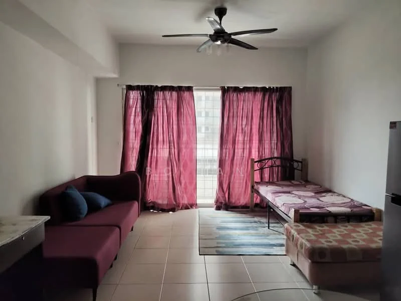 Living features: 3-blade ceiling fan with light, purple fabric sofa, single bed with mattress, window with sheer curtains, tile flooring, area rug with geometric pattern, wall-mounted mirror, side table, decorative cushions; style: modern; view: city.