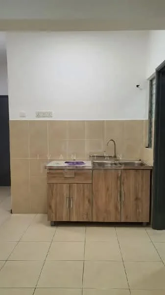 Kitchen features: single-bowl stainless-steel sink, chrome pull-down faucet, wood cabinetry with two doors, light beige tiled backsplash, cream tiled walls, light-colored floor tiles, countertop with space for appliances, window for natural light; style: modern.