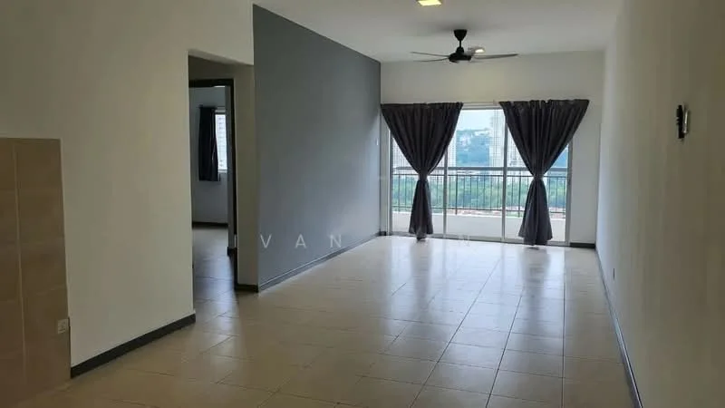 Living features: floor-to-ceiling windows, grey accent wall, white painted walls, ceramic tile flooring, 5-blade ceiling fan, curtains, balcony view, natural light; style: modern; view: city. Room features: white painted walls, ceramic tile flooring, doorway leading to another room.