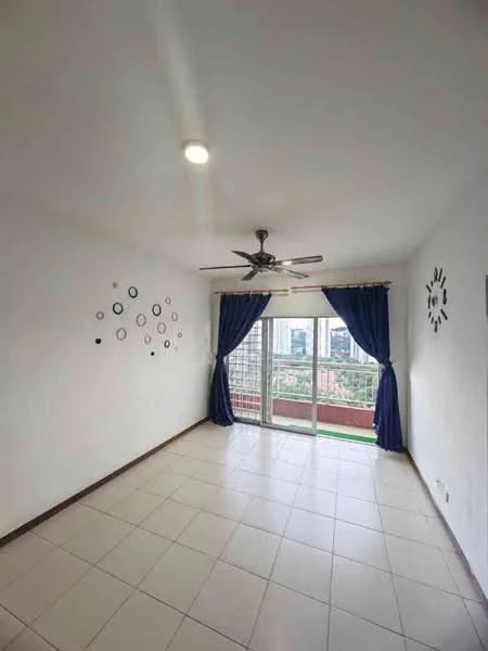 Living features: white painted walls, tile flooring, 5-blade ceiling fan with light, floor-to-ceiling windows, sliding glass door, blue curtains, decorative wall clock, decorative wall mirrors, balcony view; style: modern; view: city.