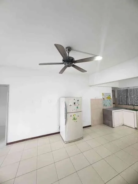 Kitchen features: white painted walls, tile flooring, 5-blade ceiling fan with light, stainless-steel fridge, kitchen cabinetry, countertop, window with curtain, open layout.