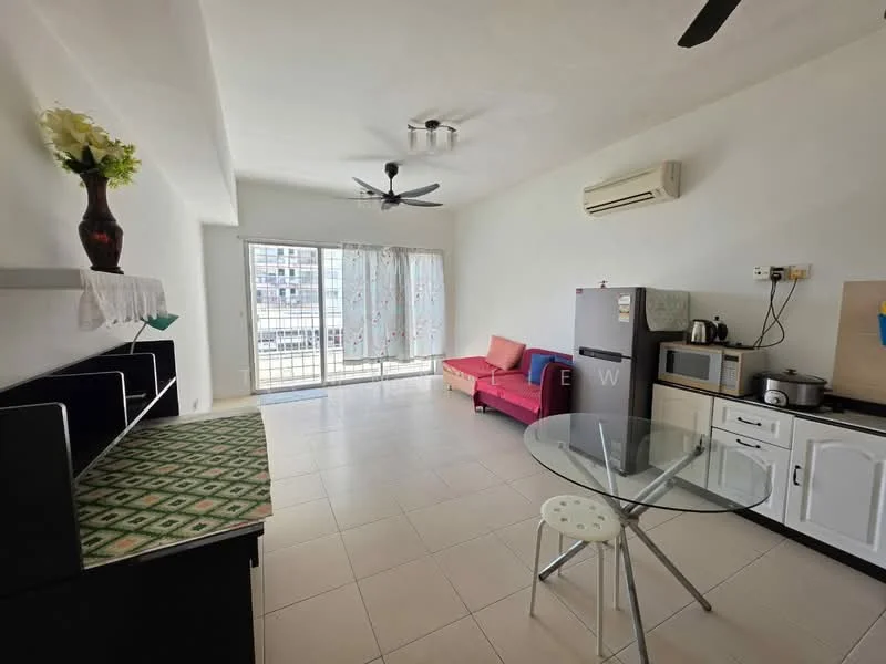 Living features: white painted walls, tile flooring, 5-blade ceiling fan with light, floor-to-ceiling windows, sliding glass door, curtains, red fabric sofa, glass dining table, white cabinetry, stainless-steel fridge, microwave, kettle, countertop with storage; style: modern; view: city.