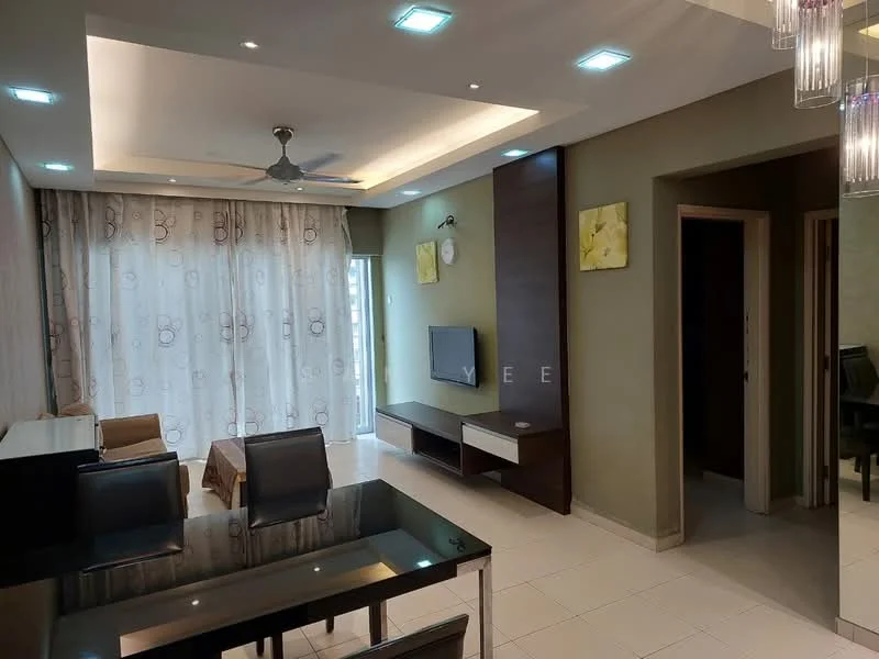 Living features: 3-blade ceiling fan, recessed LED downlights, wall-mounted TV, TV console, dining table with 4 chairs, sofa, floor-to-ceiling windows, sheer curtains, cream painted walls, tile flooring, decorative wall art; style: modern. Room features: doorway leading to hallway, light-colored walls, tile flooring.