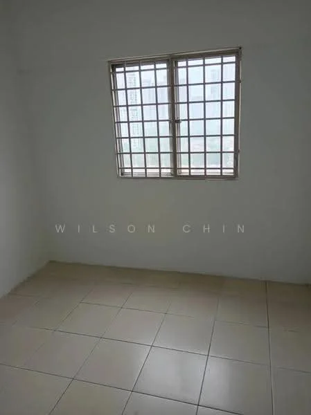 Room features: white painted walls, tile flooring, grilled window, natural light from window.