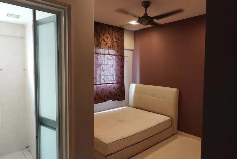 Bedroom features: queen-size bed, upholstered headboard, brown accent wall, white painted walls, ceiling fan, window with sheer curtains, tile flooring, built-in wardrobe, natural light from window; style: modern. Bathroom features: shower enclosure, tile flooring, white tiled walls, glass door, overhead lighting.