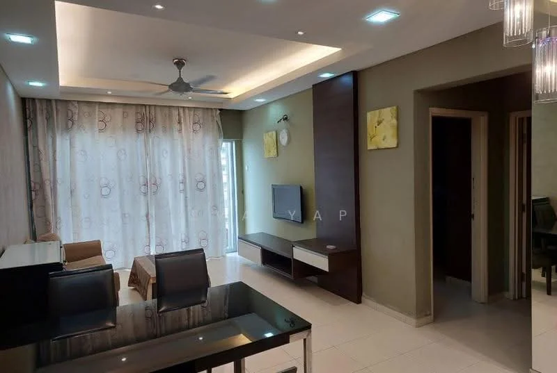 Living features: sofa in beige, coffee table, wall-mounted TV, TV console, dining table, 5-blade ceiling fan with light, recessed downlights, floor-to-ceiling windows with sheer curtains, decorative wall art, cream painted walls, light-colored tiled flooring, open layout to dining area; style: modern.