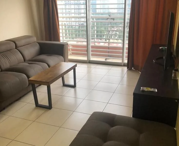 Living features: 3-seater fabric sofa in grey, coffee table with wooden top and metal legs, TV console in dark wood, floor-to-ceiling windows, curtains in orange, white tiled flooring, decorative wall with neutral paint, balcony view; style: modern; view: city.