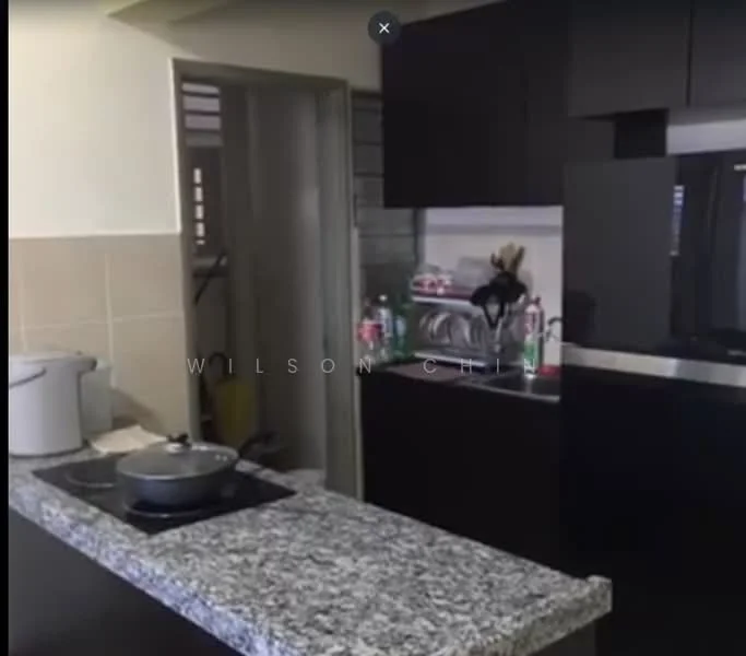 Kitchen features: granite countertop, black cabinetry, built-in oven, stainless-steel sink, chrome pull-down faucet, 4-burner gas hob, microwave, kitchen island, tile backsplash, wall-mounted storage, appliances on countertop; style: modern.