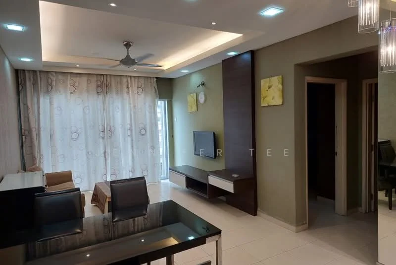 Living features: 5-blade ceiling fan with light, recessed downlights, cream painted walls, light-colored tiled flooring, wall-mounted TV, TV console, dining table with chairs, large window with sheer curtains, decorative wall art, sofa, open layout to adjacent room; style: modern. Room features: doorway leading to hallway, light-colored walls, light-colored tiled flooring.