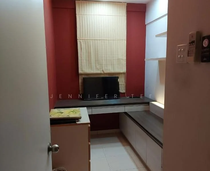 Study features: red accent wall, white painted walls, built-in desk with storage, window with blinds, light-colored flooring, shelves on wall, seating area with backrest, LED lighting; style: modern.