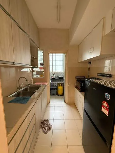 Kitchen features: single-bowl stainless-steel sink, chrome pull-down faucet, laminate countertop, light wood cabinetry, built-in oven, freestanding black fridge, ceramic tile flooring, white tiled walls, window with grid pattern, kitchen appliances, open shelving, under-cabinet lighting; style: modern.