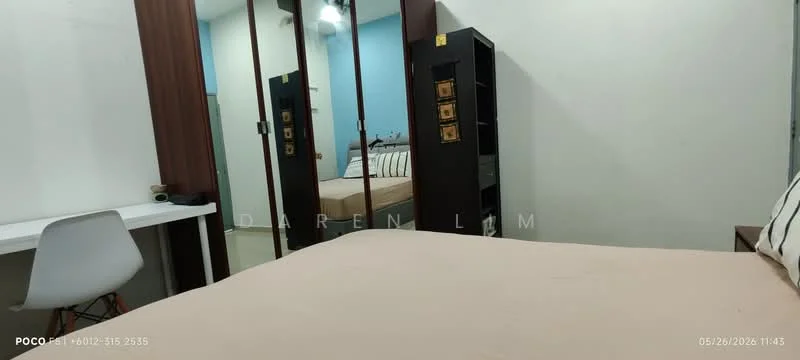 Bedroom features: queen-size bed with beige bedding, upholstered headboard, built-in wardrobe with mirrored doors, white desk with chair, light blue accent wall, laminate flooring, decorative pillows, wall-mounted light fixture; style: modern.