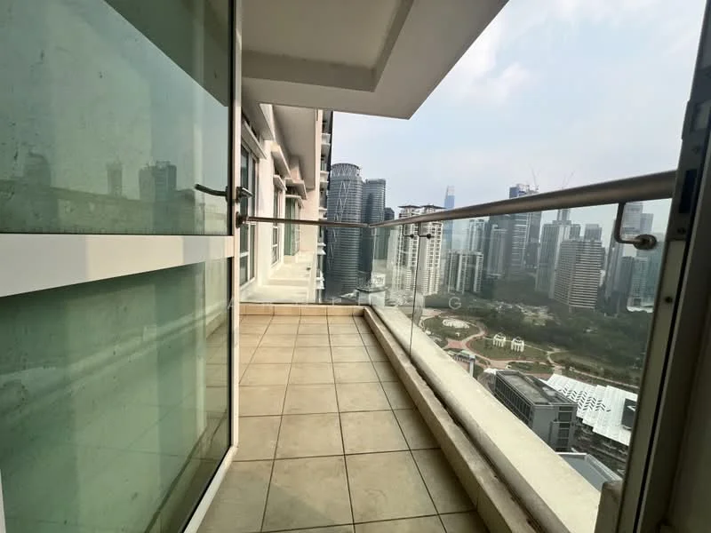 Room features: glass balcony railing, tiled flooring, city skyline view, sliding glass door, concrete wall, overhang from the building, outdoor space; style: modern; view: city.
