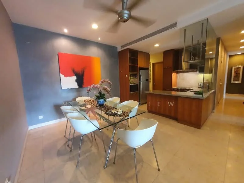Dining features: glass dining table with 6 white chairs, grey accent wall, recessed downlights, ceiling fan, marble flooring, open kitchen layout, decorative artwork on wall, orchid plant centerpiece; style: modern. Kitchen features: wood cabinetry, stainless-steel fridge, built-in oven, cooktop with hood, granite countertop, glass partition, under-cabinet lighting; style: modern.