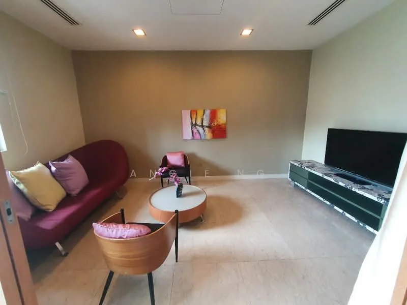 Living features: red fabric sofa, 2 purple throw pillows, round coffee table with white top, wooden chair with black legs, flat-screen TV on a dark green console, cream painted walls, recessed ceiling lights, marble flooring; style: modern.