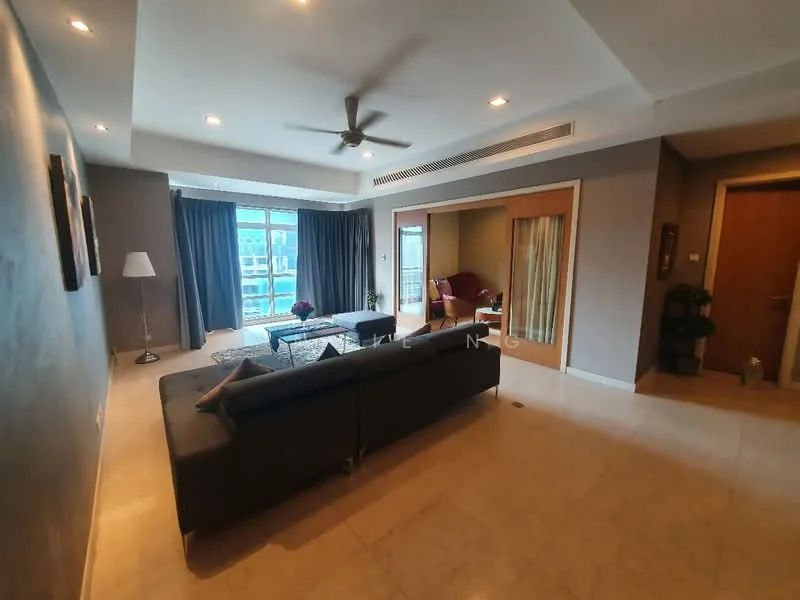 Living features: grey accent wall, cream painted walls, marble tile flooring, 5-blade ceiling fan with light, floor-to-ceiling windows, sliding glass door, sheer curtains, sofa in dark fabric, coffee table, area rug with geometric pattern, decorative plant, wall-mounted TV, side lamp, recessed downlights; style: modern; view: city.