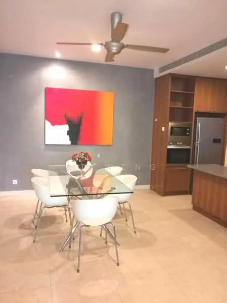 Dining features: glass dining table, 4 white dining chairs, 5-blade ceiling fan with light, grey accent wall, wood cabinetry, built-in oven, stainless-steel fridge, countertop, decorative artwork; style: modern.