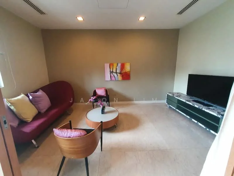 Living features: red fabric sofa, 2 purple throw pillows, round coffee table, wooden chair with armrests, flat-screen TV on console, marble-top TV console, cream painted walls, recessed ceiling lights, tile flooring; style: modern.