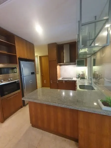 Kitchen features: granite countertop, wood cabinetry, built-in oven, stainless-steel fridge, glass backsplash, under-cabinet lighting, 4-burner gas hob, exhaust hood, tile flooring, recessed downlights; style: modern.