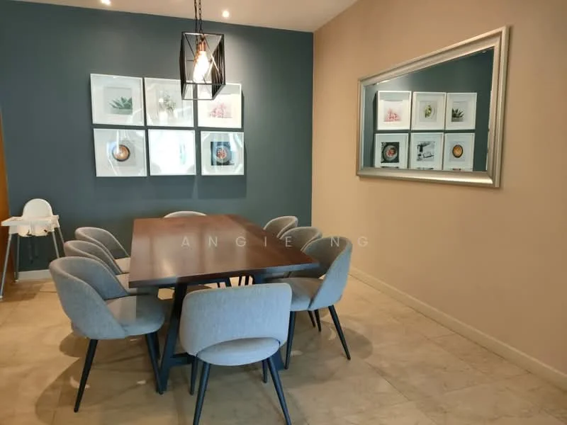 Dining features: 8-seater rectangular dining table in dark wood, upholstered dining chairs in light grey, pendant light fixture with geometric design, blue accent wall, cream painted walls, framed artwork with botanical prints, large decorative mirror, tile flooring in light beige; style: modern.