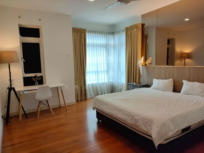 Bedroom features: king-size bed, upholstered headboard, white bedding, wooden flooring, floor-to-ceiling windows, sheer curtains, blackout curtains, desk with chair, table lamp, wall-mounted mirror, built-in wardrobe, recessed lighting, ceiling fan; style: modern.