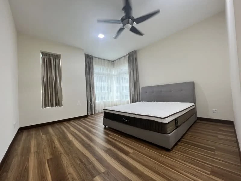Bedroom features: wooden flooring, grey upholstered headboard, queen-size bed, 5-blade ceiling fan with light, floor-to-ceiling window, sheer curtains, dark brown curtains, neutral painted walls; style: modern.