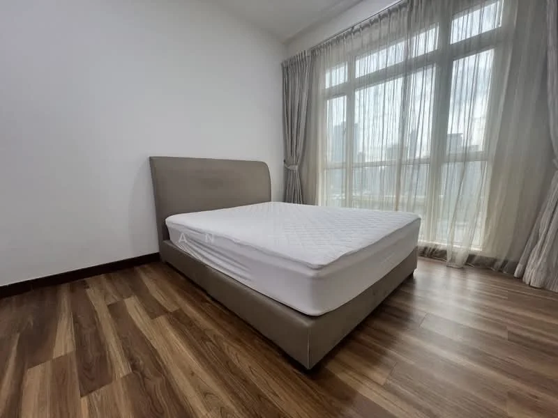 Bedroom features: queen-size bed, upholstered headboard, wooden flooring, floor-to-ceiling windows, sheer curtains, city view, neutral wall color, minimalist decor; style: modern; view: city.