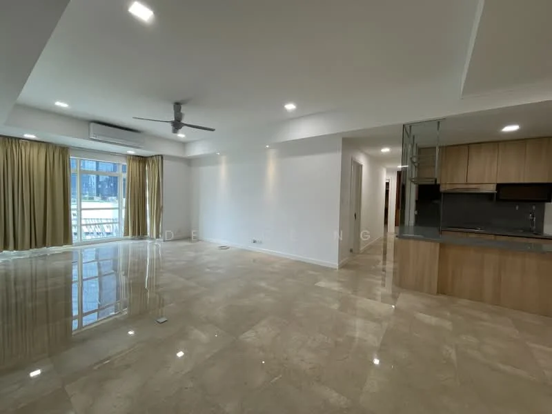 Living features: marble tile flooring, white painted walls, recessed downlights, 5-blade ceiling fan, floor-to-ceiling windows, curtains, open layout to kitchen, kitchen island with bar seating; style: modern; view: city.