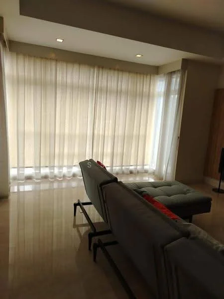 Living features: floor-to-ceiling windows, sheer curtains, marble flooring, 3-seater fabric sofa in grey, recessed downlights, wall-mounted TV, decorative wall panel, open layout; style: modern.