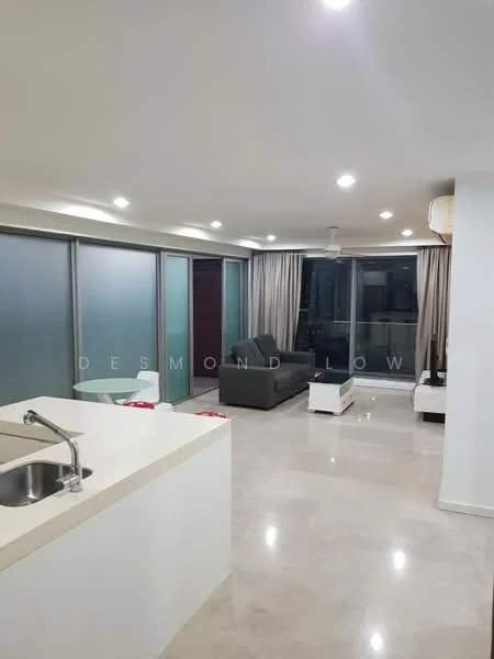 Living features: grey fabric sofa, white coffee table, white TV console, floor-to-ceiling windows, sheer curtains, marble tile flooring, recessed downlights, ceiling fan, decorative wall paneling, open layout to kitchen, balcony access, neutral wall color; style: modern; view: city. Kitchen features: single-bowl stainless-steel sink, white countertop, built-in cabinetry, open layout to living area; style: modern.