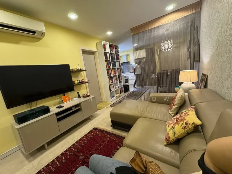 Living features: L-shape sectional sofa in beige, coffee table, wall-mounted TV, TV console with storage, area rug with geometric pattern, 5-blade ceiling fan with light, decorative lamp, yellow painted walls, built-in bookshelf, recessed lighting; style: modern. Kitchen features: open kitchen layout, white cabinetry, stainless-steel appliances, kitchen island, ceramic tile flooring, recessed lighting; style: modern.