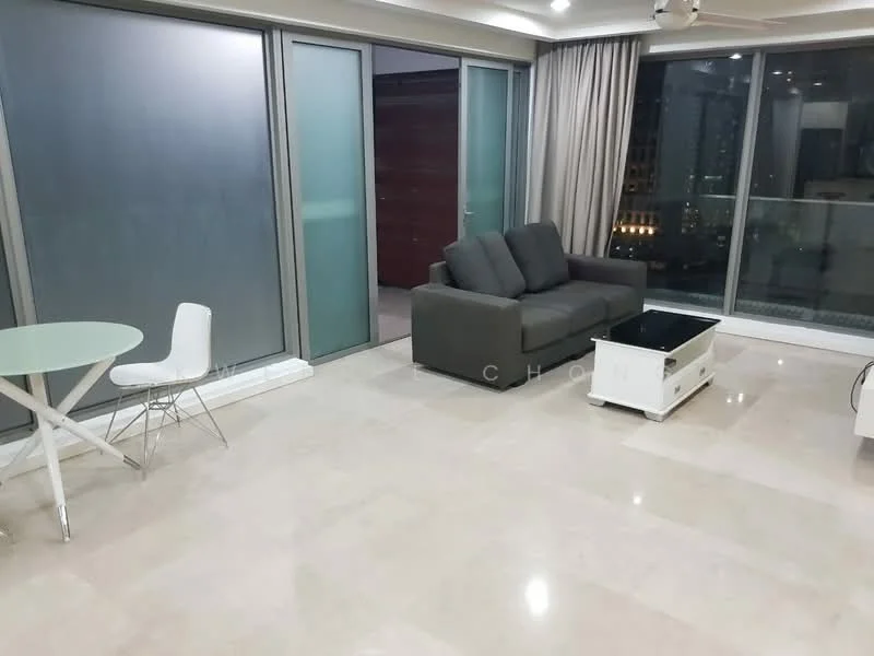 Living features: grey fabric sofa, white coffee table, round glass dining table, white dining chair, marble tile flooring, floor-to-ceiling windows, curtains, recessed downlights, wall-mounted TV console; style: modern; view: city.