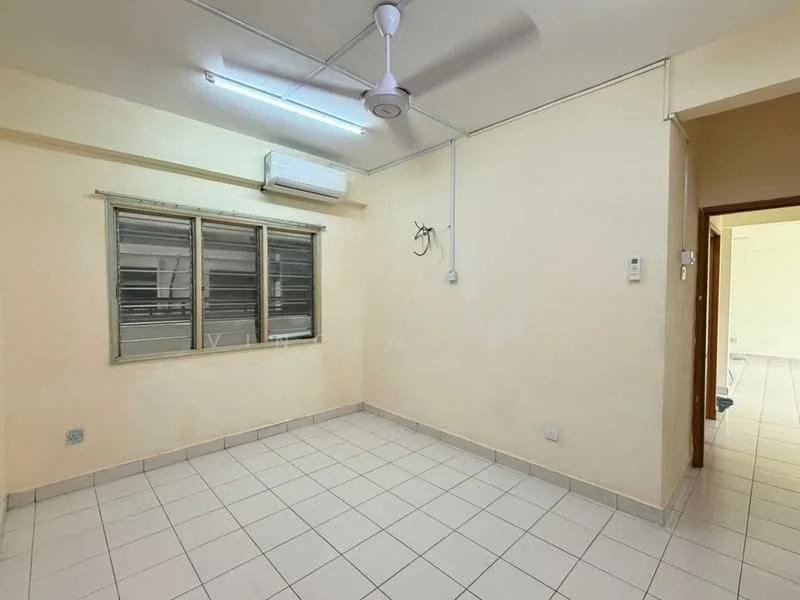 Room features: white painted walls, ceiling fan, 1 wall-mounted split AC, tile flooring, window with metal grille, light fixture, power outlet, neutral color scheme.