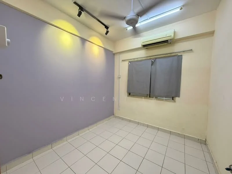 Room features: light grey painted walls, white tiled flooring, ceiling fan, wall-mounted air conditioning unit, curtains on window, track lighting, no visible furniture.