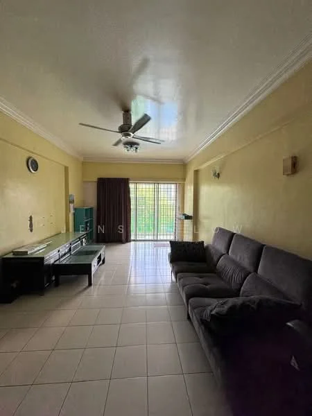 Living features: cream painted walls, tile flooring, 5-blade ceiling fan with light, sofa in dark grey, coffee table, TV console, floor-to-ceiling windows, curtains, natural light from windows, decorative wall clock; view: garden.
