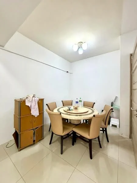 Dining features: round dining table with marble top, 6 upholstered dining chairs in beige, cream painted walls, tile flooring, ceiling light fixture with multiple bulbs, wooden storage cabinet, bottled water on the table, decorative items on the table; style: modern.