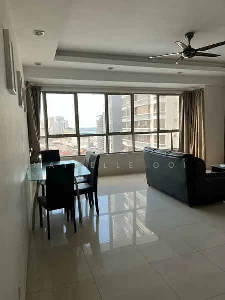 Living features: floor-to-ceiling windows, grey walls, white ceiling with recessed downlights, 5-blade ceiling fan, black leather sofa, glass coffee table, dining table with four black chairs, tiled flooring, curtains, city view; style: modern; view: city.