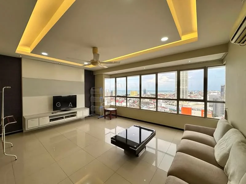 Living features: cream painted walls, grey accent wall, tray ceiling with recessed lighting, 5-blade ceiling fan with light, floor-to-ceiling windows, city view, marble tile flooring, white TV console, black coffee table, beige fabric sofa, wall-mounted TV; style: modern; view: city.