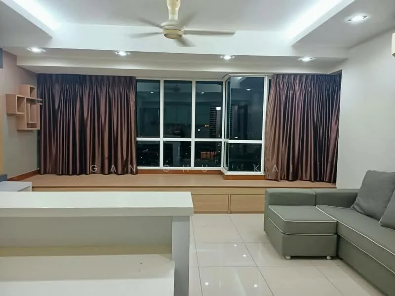 Living features: grey L-shape sectional sofa, white coffee table, built-in shelving unit, floor-to-ceiling windows, brown curtains, recessed LED downlights, ceiling fan, glossy tile flooring, neutral wall colour, city view; style: modern; view: city.