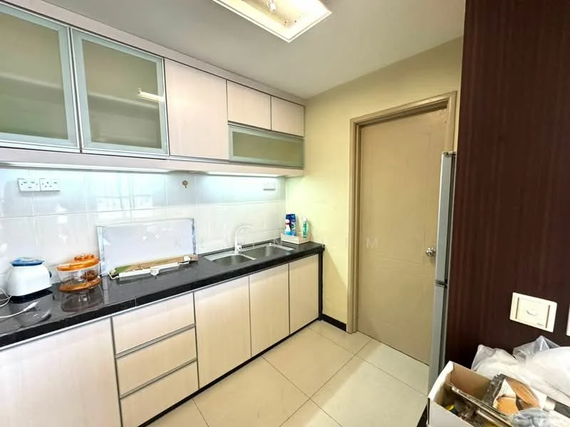 Kitchen features: white cabinetry with glass upper doors, black granite countertop, stainless-steel sink, chrome faucet, white tiled backsplash, built-in kitchen cabinet, recessed ceiling lights, ceramic tile flooring, door leading to hallway; style: modern.