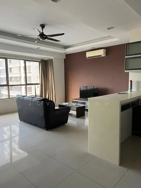 Living features: 3-seater leather sofa in black, glass coffee table, wall-mounted TV, floor-to-ceiling windows, curtains, ceiling fan with light, white painted walls, recessed ceiling with lighting, tile flooring, air conditioning unit; style: modern; view: city. Kitchen features: kitchen island, white cabinetry, stainless-steel sink, countertop with bar seating, built-in appliances; style: modern.