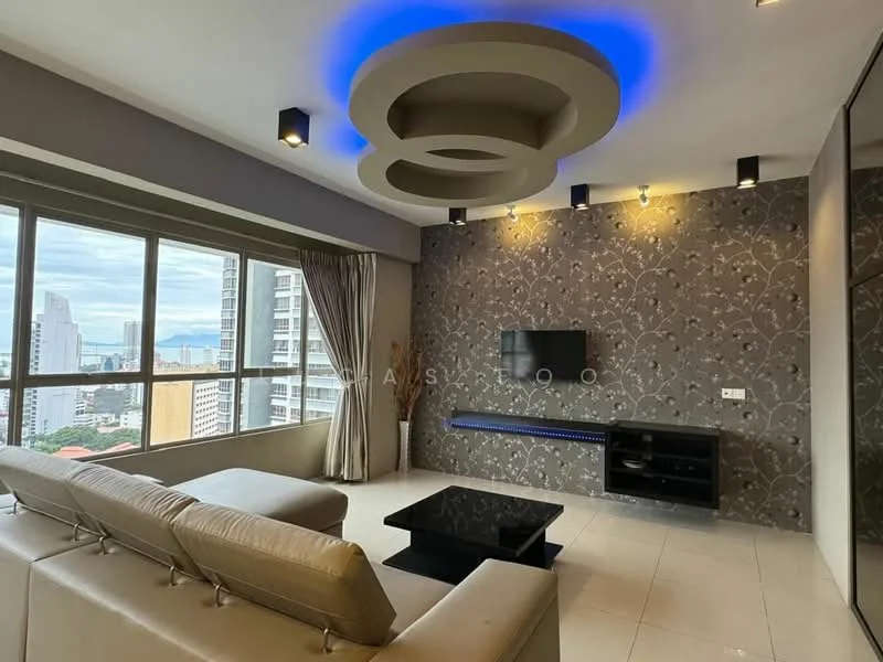 Living features: grey accent wall with floral pattern, light grey sofa, black coffee table, wall-mounted TV, entertainment unit, recessed downlights, decorative ceiling with blue LED lighting, floor-to-ceiling windows, curtains, tile flooring; style: modern; view: city.
